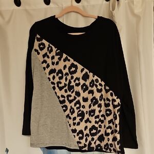 Black and Leopard Print Long Sleeve Top